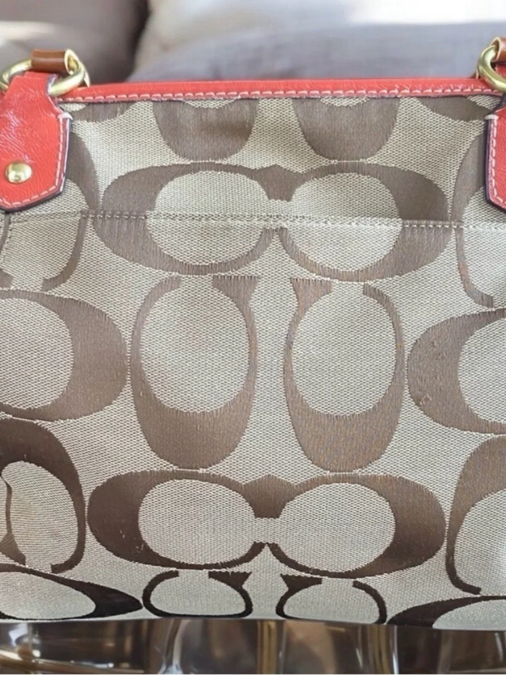 🔥SOLD🔥 Coach Brown Signature Canvas Satchel with Coral Trim - Picture 5 of 10